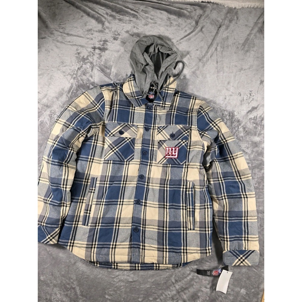 NWT New York Giants‎ Hooded Quilt Lined Plaid Thick Shacket Jacket Men's Medium